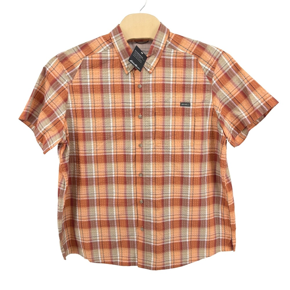 NEW Eddie Bauer Shirt Mens XXL Pack It Tech Seersucker Orange Plaid Short Sleeve
